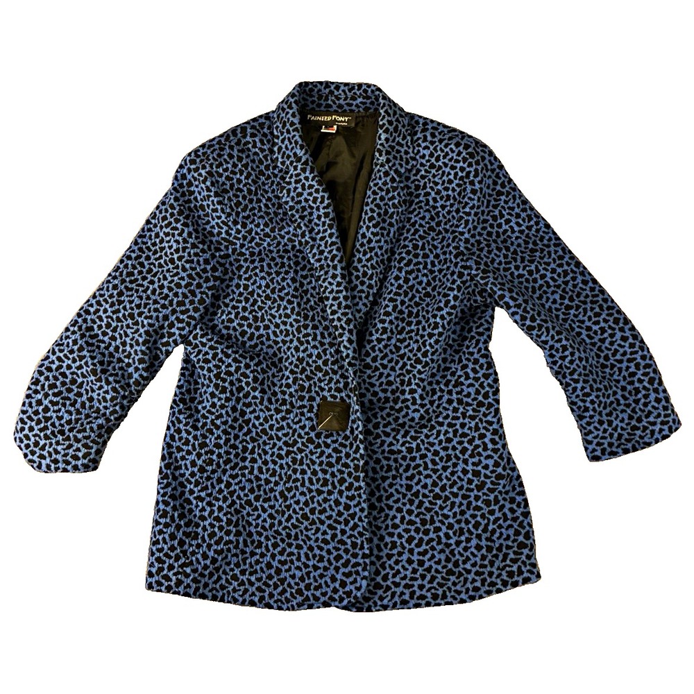 VTG Painted Pony Womens Jacket Blazer L Blue Black Leopard Print Made USA 90s